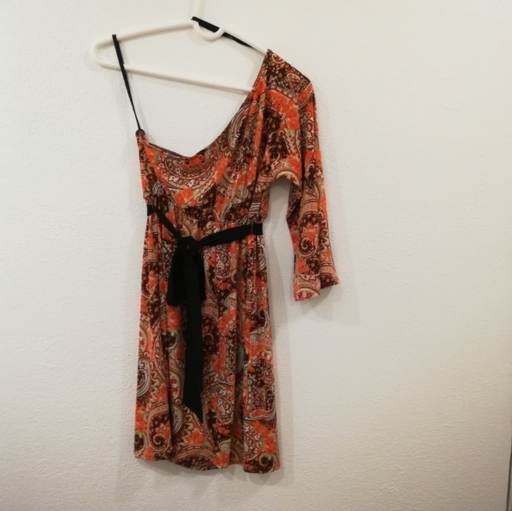 Rue 21 One Shoulder Multicolor Paisley Damask Belted Dress